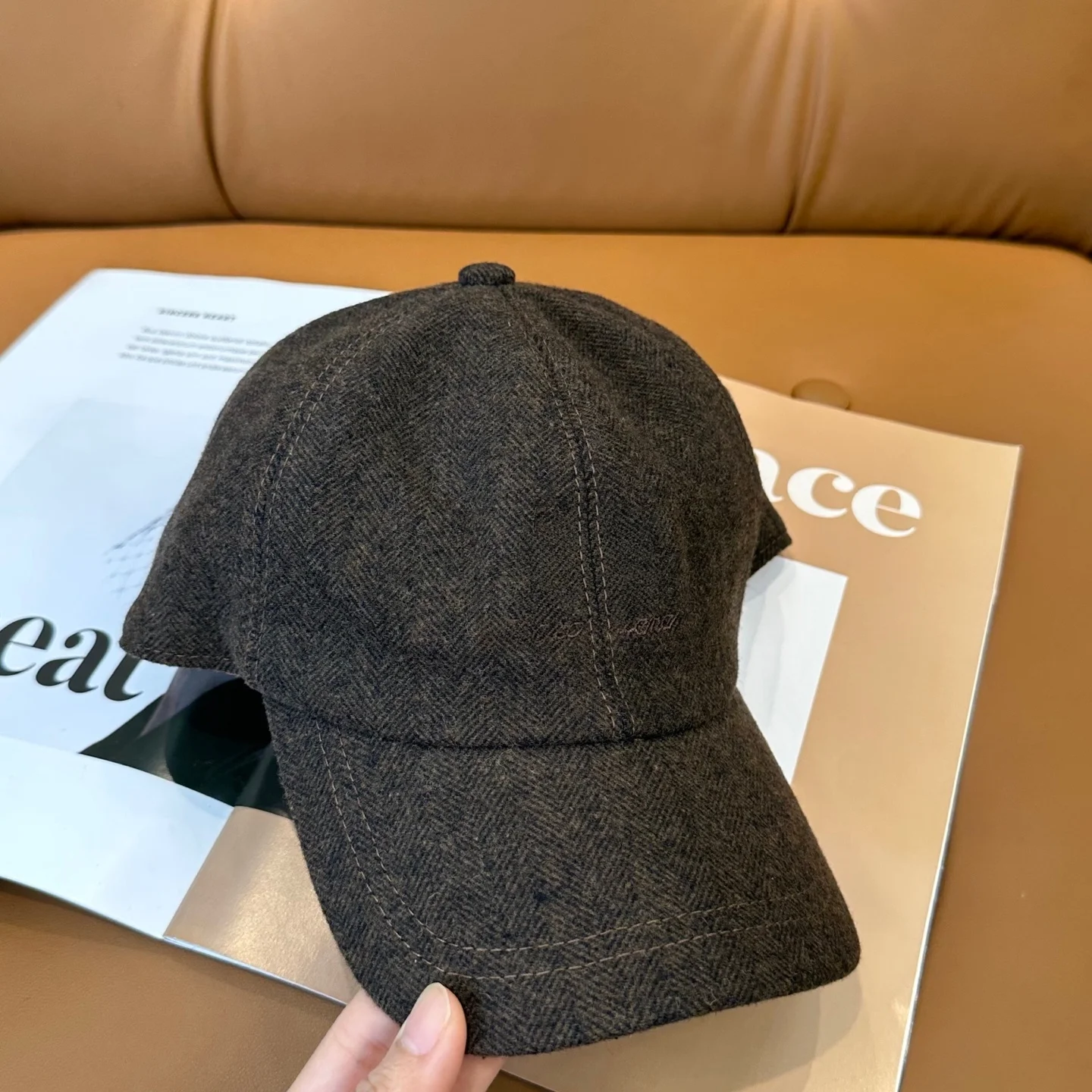 Herringbone Pattern Baseball Cap Unisex Luxury‑Style Adjustable Vintage Solid Grey Casual Autumn Winter Street Daily Hat