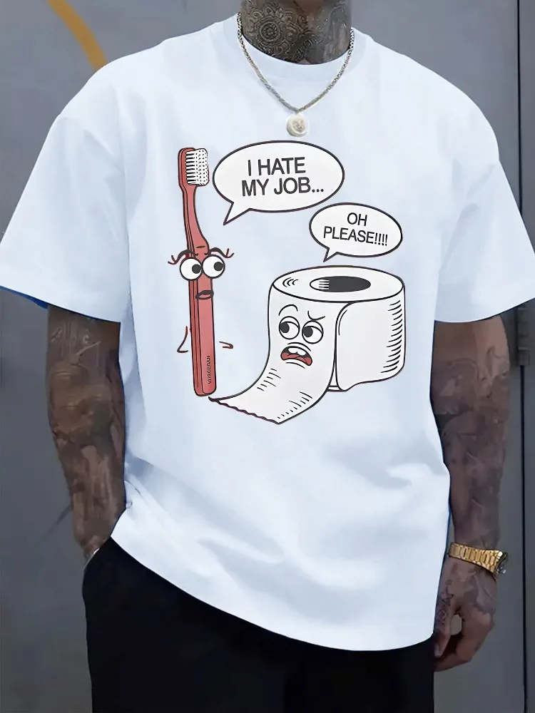 Mens Orange Tee Funny Toothbrush Toilet Paper Work Complaint Cartoon Graphic Crew Neck Short Sleeve Loose Male Street Daily Top