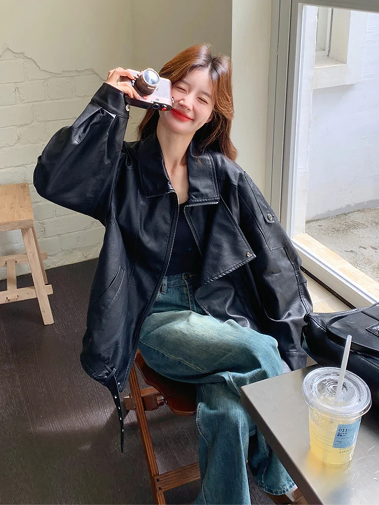 Coole schwarze PU-Lederjacke für Damen – Frühling/Herbst 2025 – Neue High-End Slim-Fit Motorrad-Bikerjacke
