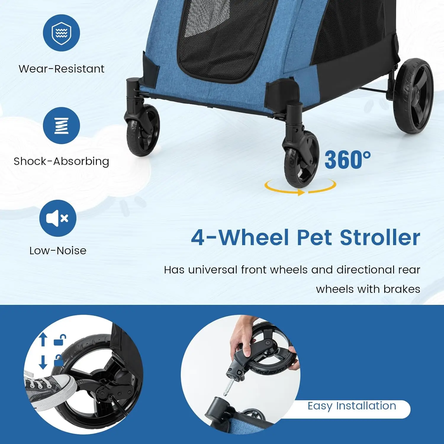 Dog Stroller for Large Dogs - Extra Large Pet Stroller for Senior Dogs, Safety Belt, Adjustable Handle, Removable Pad, Folding