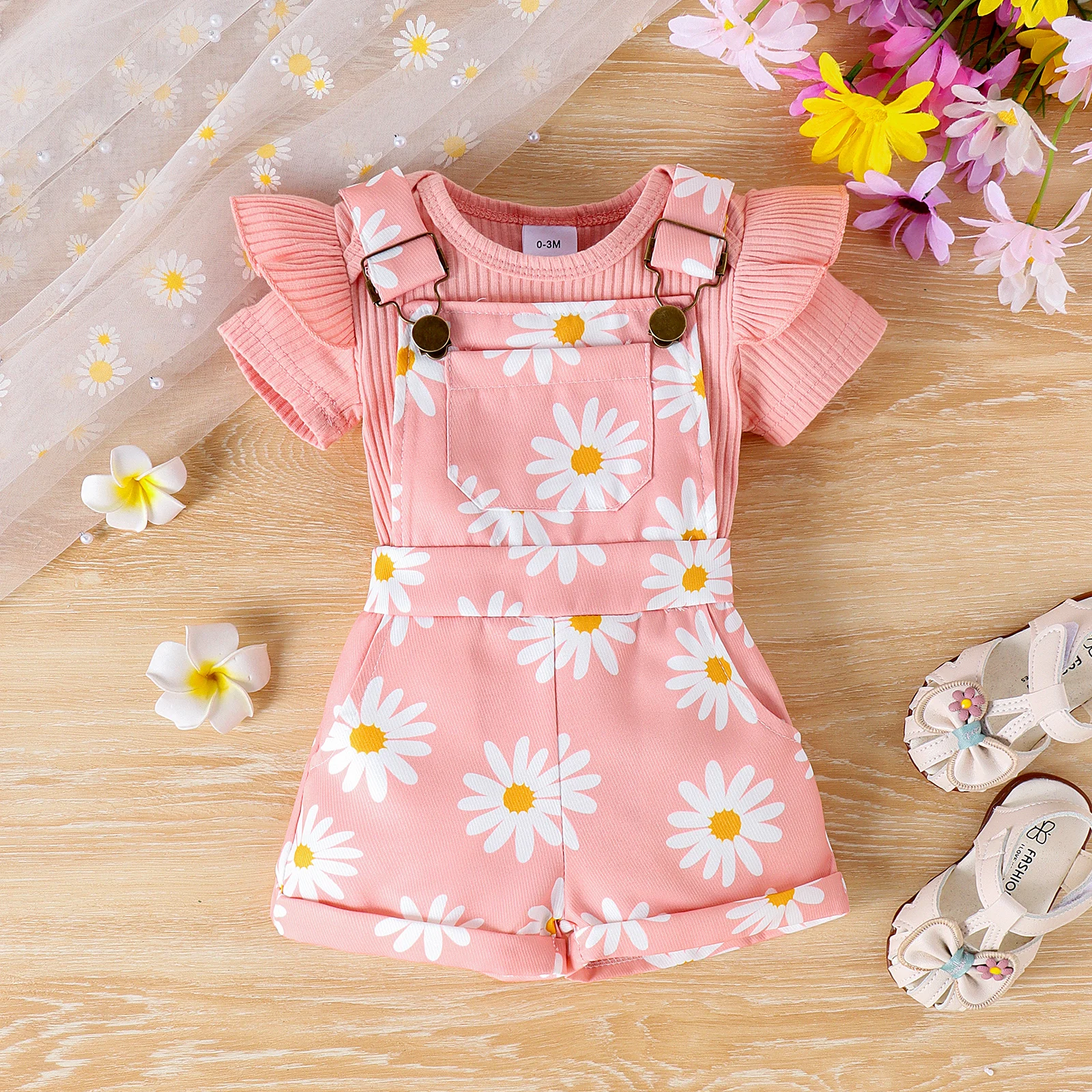 2pcs Cross-border Summer New Girl Sweet and Cute 1-7 Years Old Top Short-Sleeved Shirt + Printed Bib Pants