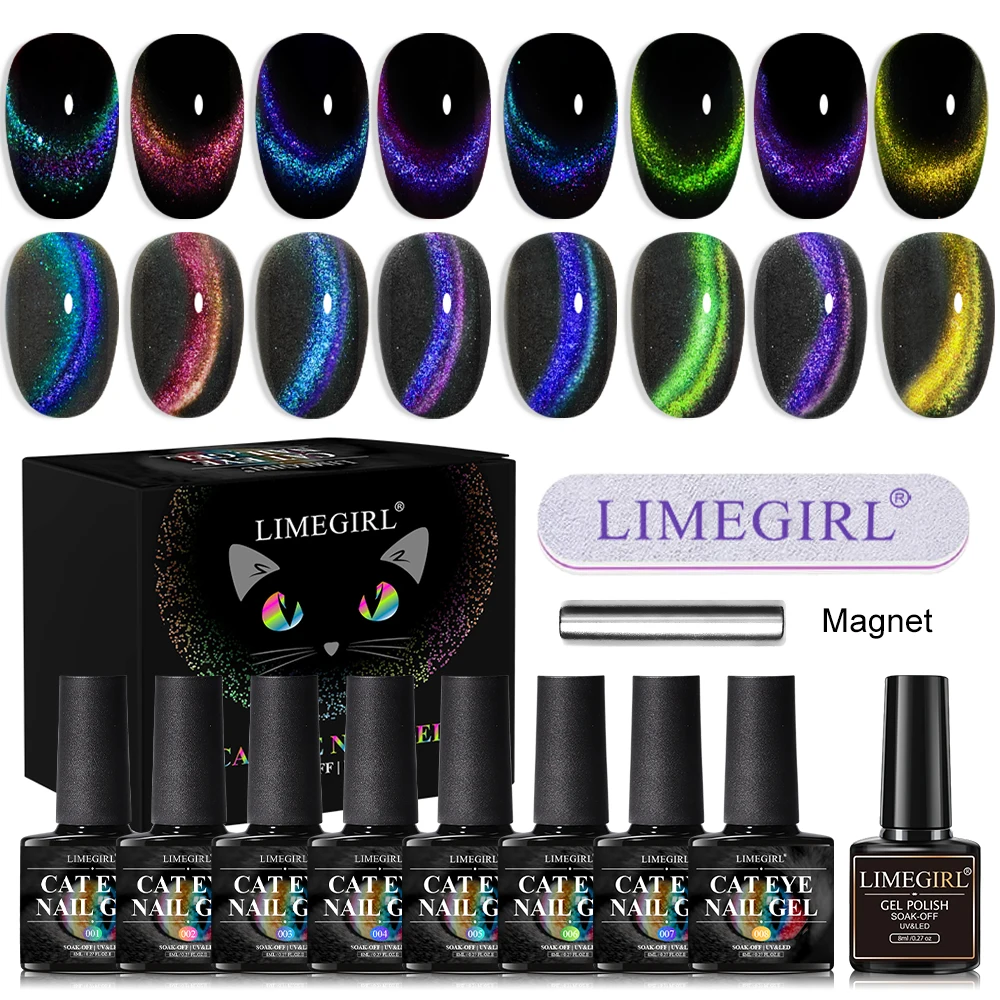 Rainbow Glitter Cat Eye Magnetic Nail Polish Set Starry Sparkle Chameleon Laser Cat Eye Mix Varnish Semi-Permanent Nail Salon Us