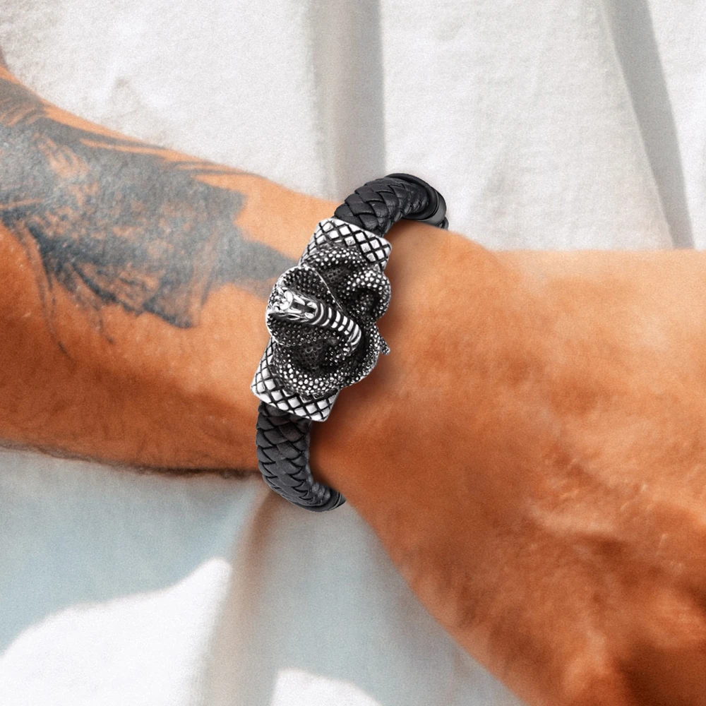 

U7 Stainless Steel 13mm Wide Leather Bangle Bracelet for Man Cobra Snake Charm 19/21/23cm Bracelet Magnetic Clasp Gothic Jewelry