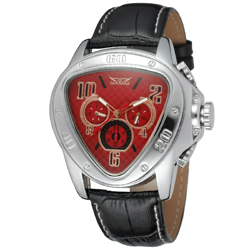 JARAGAR Men Watches Automatic Mechanical Triangle Case Sport Racing Design Leather Strap Date Day 24H Dials Bold Male Wristwatch