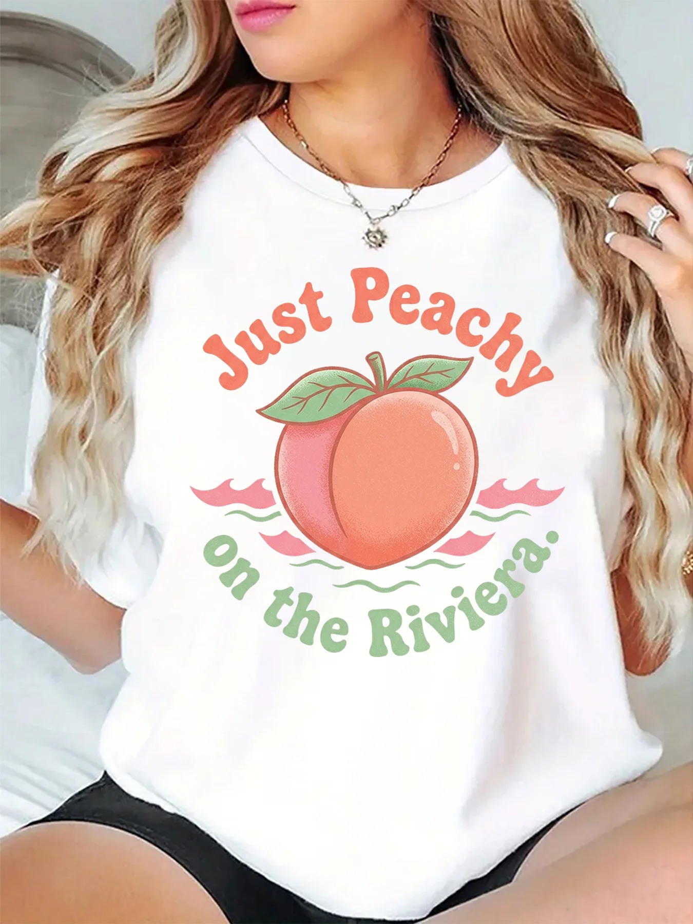 Just Peachy On The Riviera Retro Peach Graphic Womens T Shirt Short Sleeve Crew Neck Summer Beach Casual Daily Ladies Tee Tops