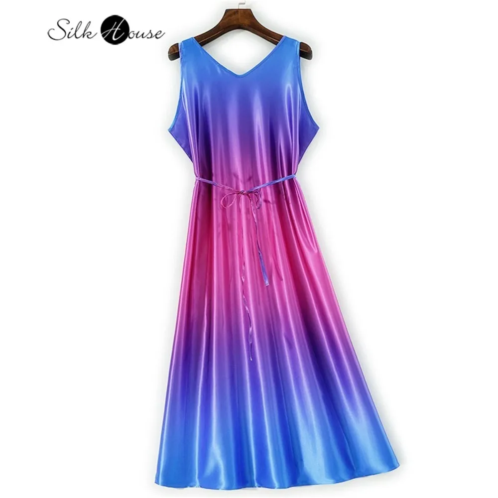 

Gradient Color Heavyweight 100% Natural Mulberry Silk Plain Satin Minimalist Style Double V-neck Sleeveless Versatile Vest Dress