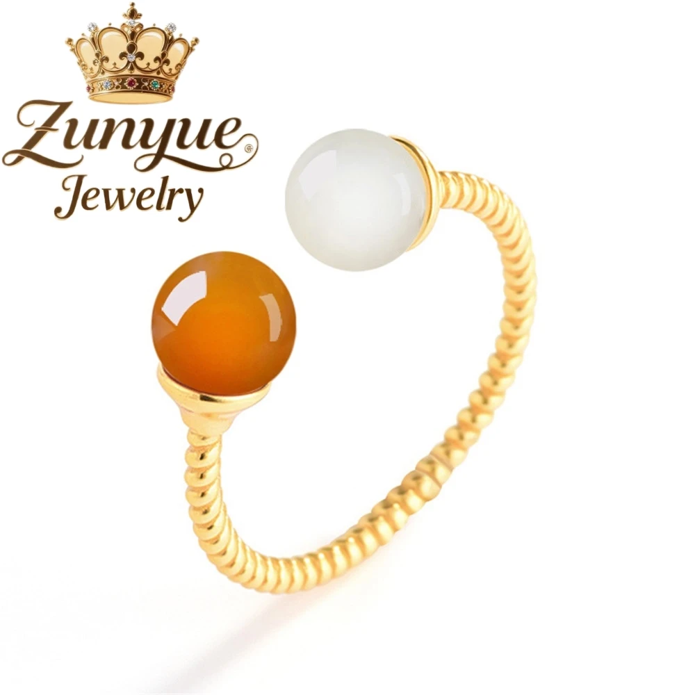 

Natural Hetian Jade White Jade Sugar Jade Round Bead Jade Ring S925 Silver Inlaid Women's Ring Fashionable Ring Adjustable