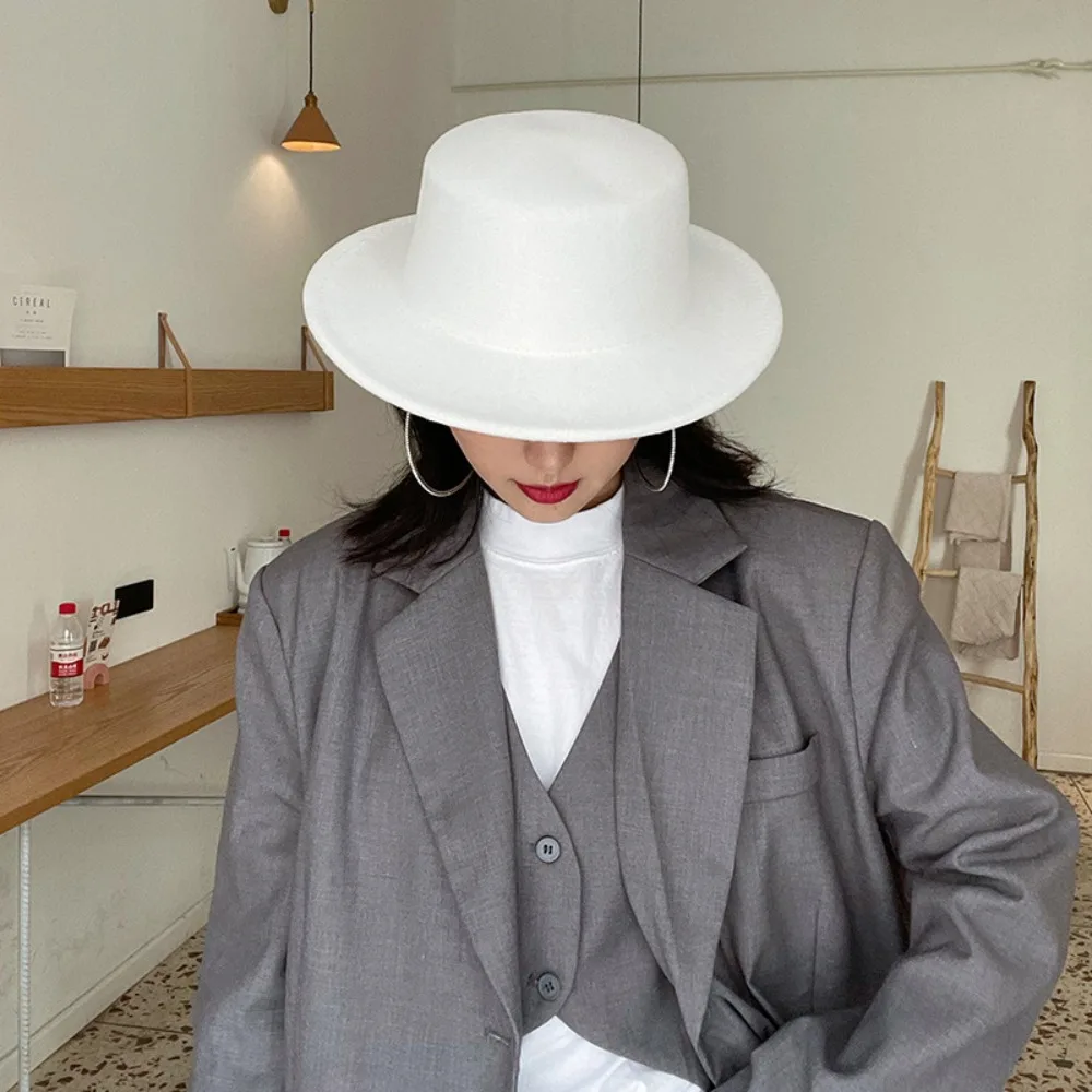 

French Retro Women Flatcap Hepburn Style Wide Brim Felt Hat Solid Color Panama Hat Church