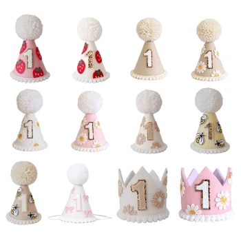Chapéu de festa de primeiro aniversário temático para bebês meninas meninos, bonés de festa de comemoração de feltro para comemoração de nascimento de um ano