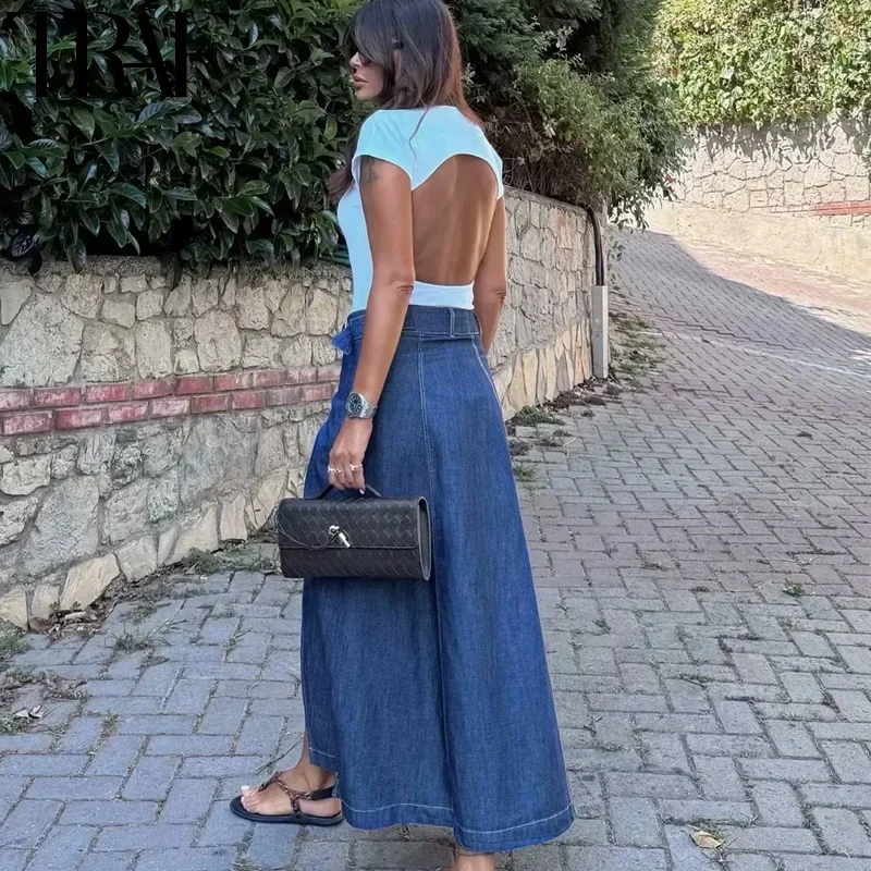 Gonna in Denim con cintura TRAF moda donna Jeans blu gonne lunghe per donna gonna Midi a vita alta estiva gonna Casual con spacco nuova da donna