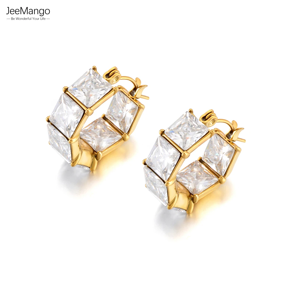 JeeMango Trendy quadratischer Kristall-Zirkonia-Creolen-Ohrring für Damen, Edelstahl, modisch, glänzend, CZ-Ohrschmuck, Geburtstagsgeschenk, E26066