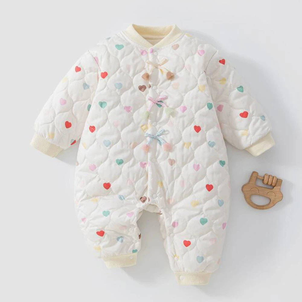 Romper For Girls Fleece Thicken Warm Winter Snow Infant Boutique Clothing Heart Shape Print Princess Christmas Baby Jumpsuit