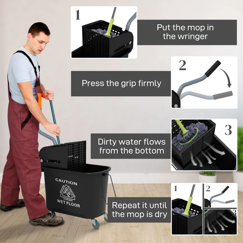 دلو ممسحة تنظيف الأرضيات سعة 21 لترًا مع عجلات، نظام مائي نظيف قذر منفصل باللون الأسود وعجلات شحن من الولايات المتحدة الأمريكية #6