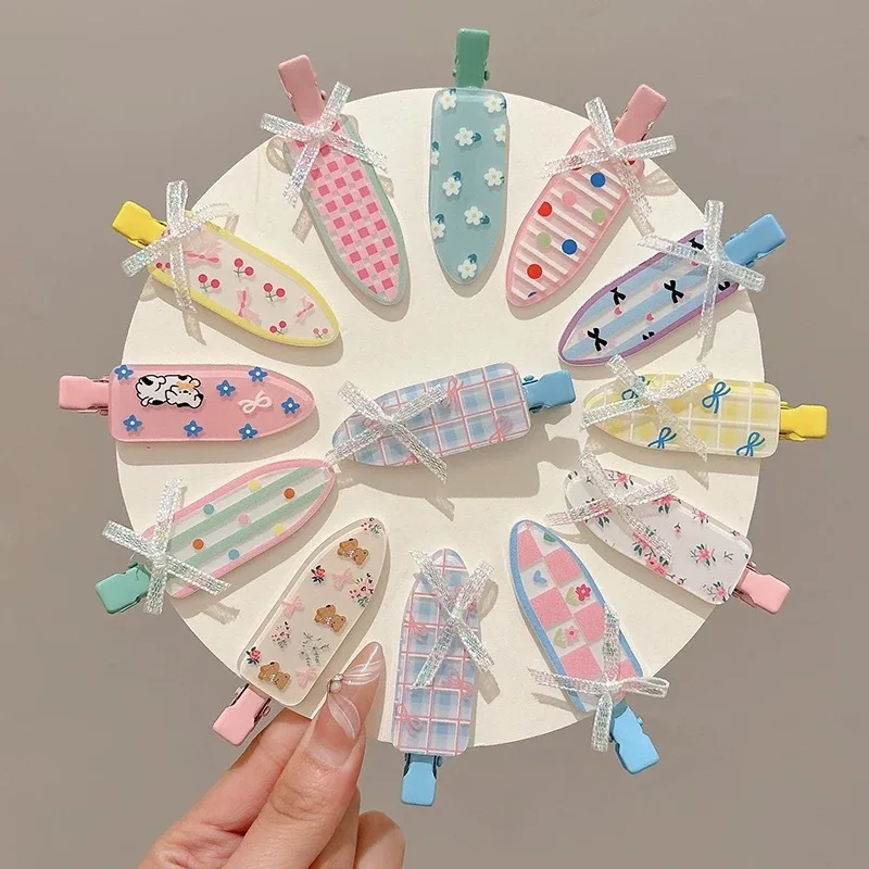 

Korean Pink Floral Duck Bill Clip Hair Accessories Female Sweet Girl Style Bow Broken Hair Seamless Edge Clip