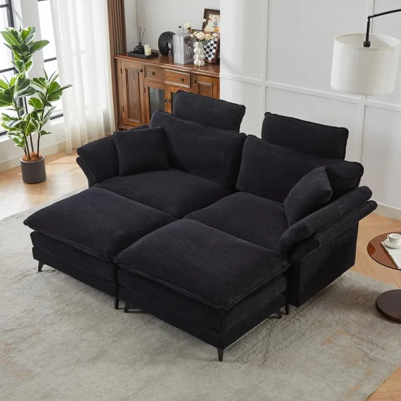 Deep Seat Sectional Sofa, Comfortable Cloud Sofa with Ottomans, loveseat Sofa, 85.8''Modern Corduroy Upholstered, Customized