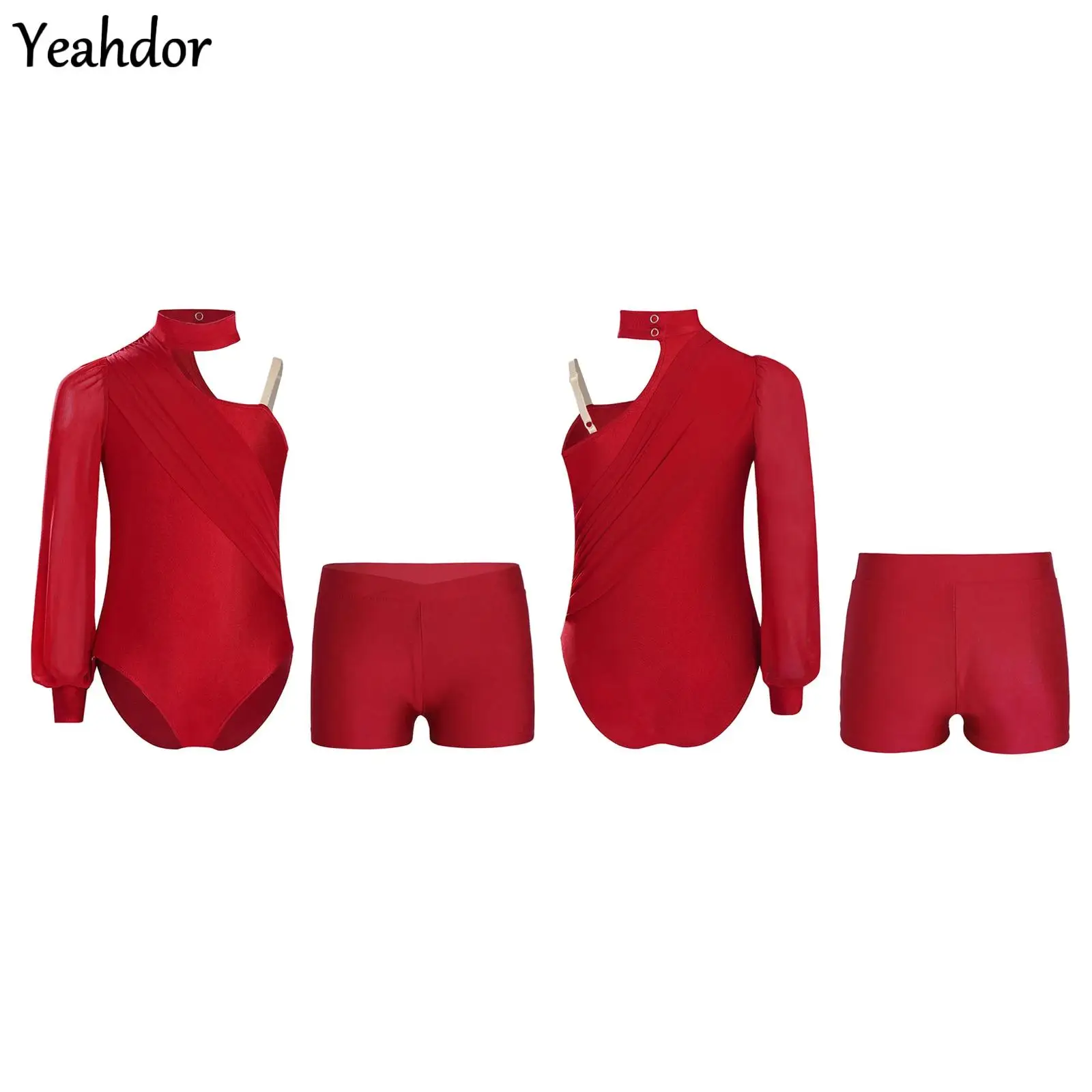 

Kids Girls Figure Skating Gymnastics Dance Outfit One Shoulder Long Sleeve Ruched Mesh Leotard Bodysuits +Shorts Ballet Jersey