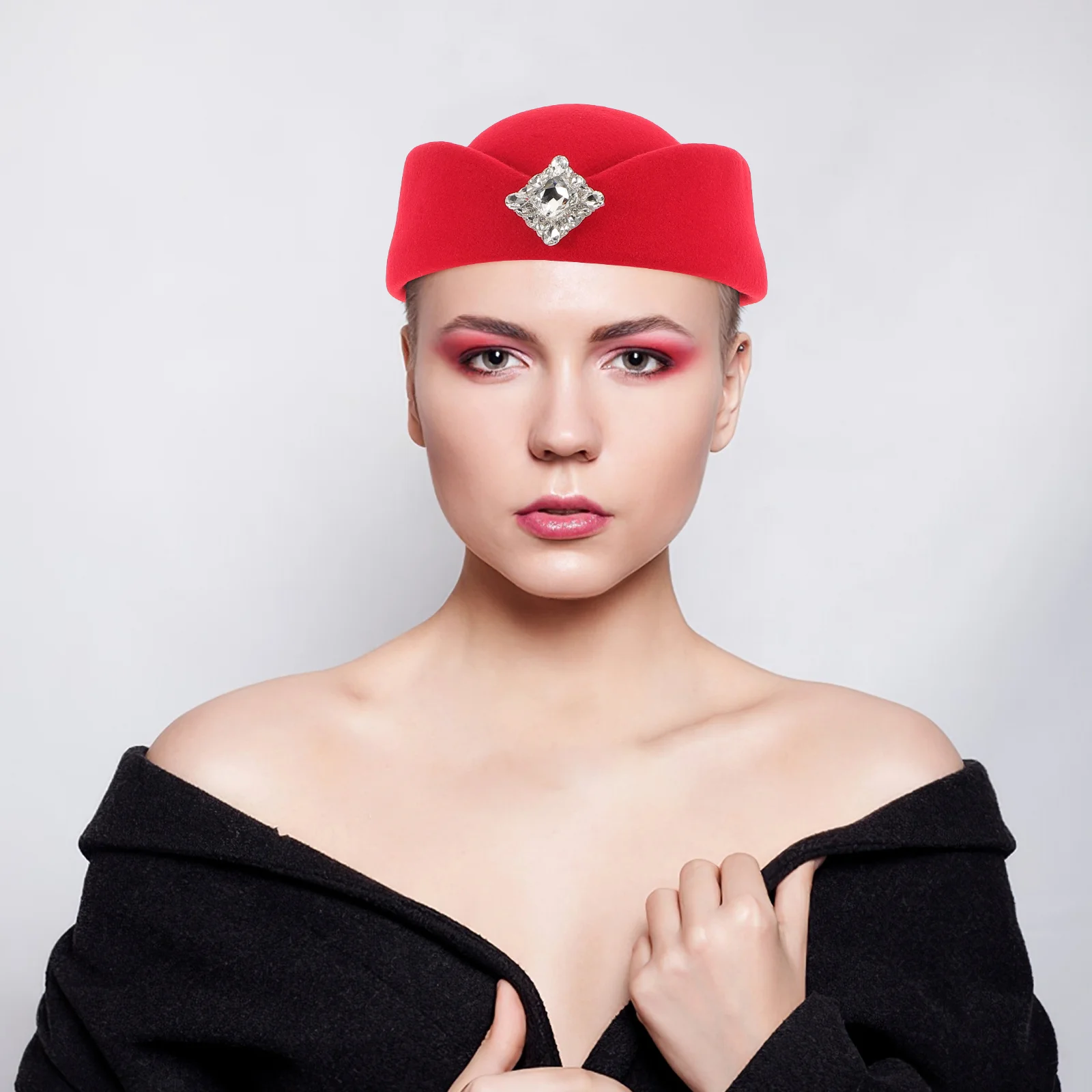 Beret stewardesy dla kobiet - czerwony beret w stylu brytyjskim, akcesorium do kostiumu stewardesy, do cosplayu lotniczego