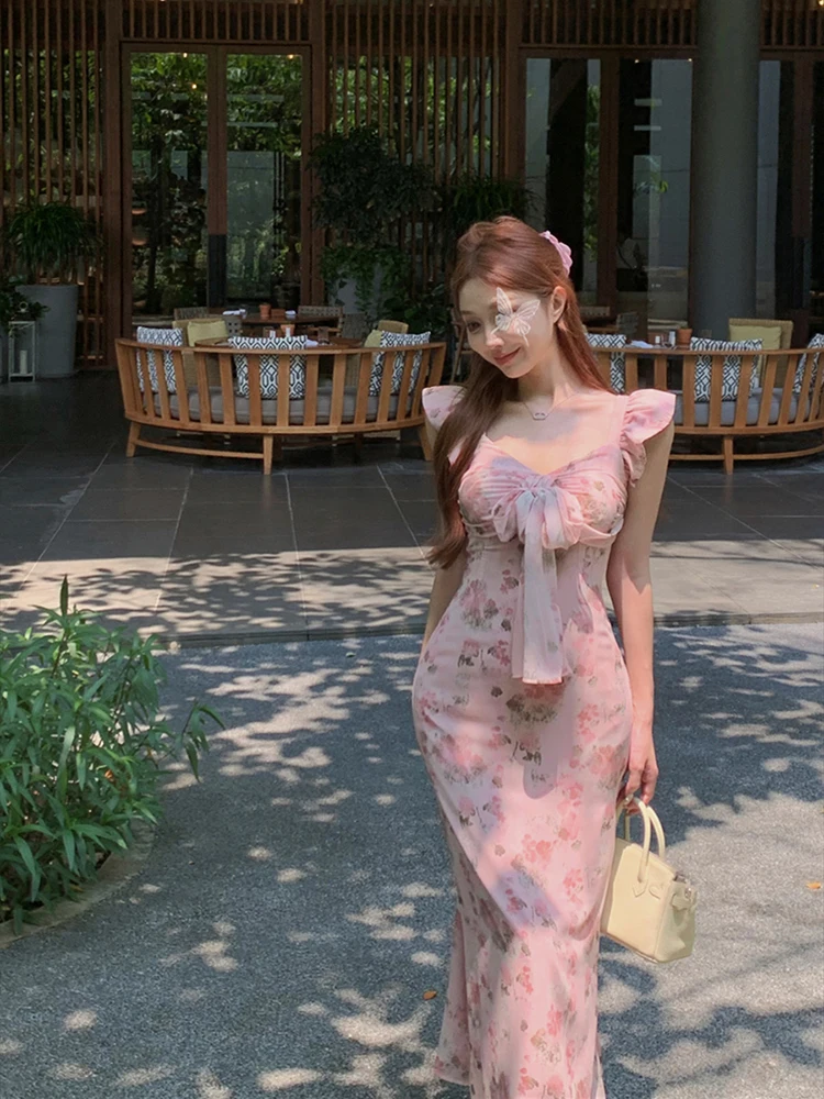 Bowtie floral V-neck flying sleeve dress for women summer pink gentle long dress slim waist A-line Dress 2024 New