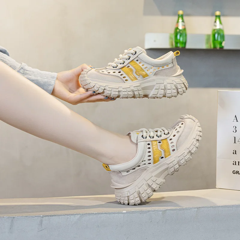 Zapatos de Mujer de Cuero Genuino, Zapatos Transpirables con Malla, Zapatillas Delgadas de Verano, Sandalias Casuales con Suela Gruesa, Zapatillas Mujer