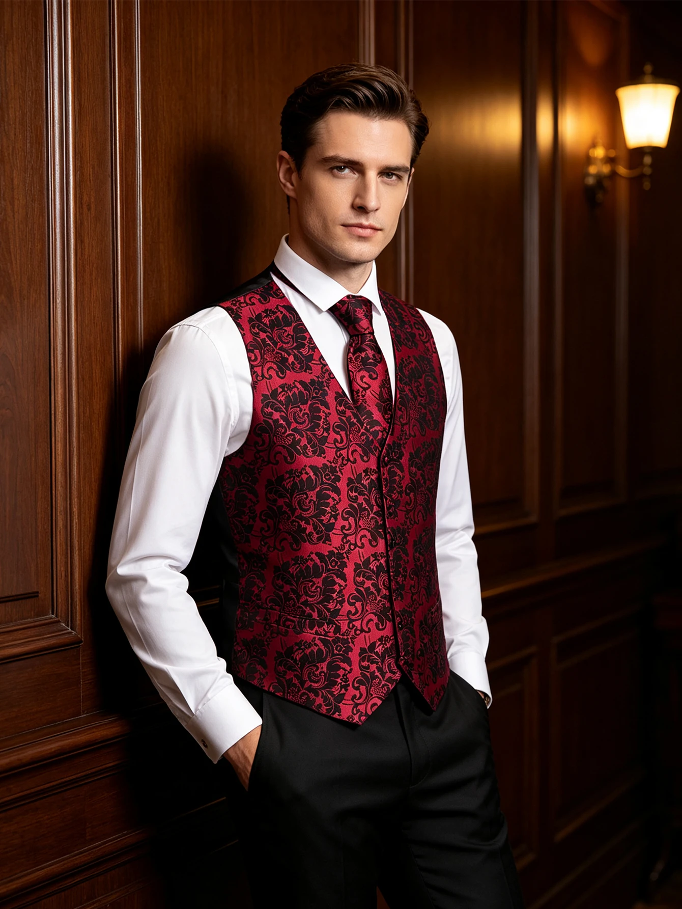 Red Black Floral V-Neck Vest 4Pcs Set Tie Pocket Square Cufflinks For Wedding Banquet Evening Celebration