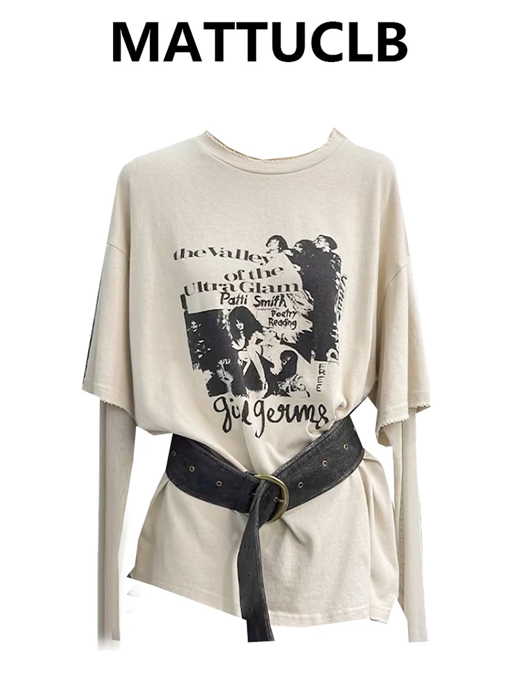 

Autumn Winter Women 2000s Aesthetic Long Sleeve Top Fake Two Pieces Tide T-Shirts Punk American Vintage Graphic Tomboy Tees