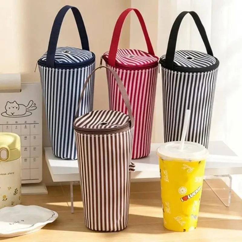 Striped Insulated Tumbler Bag with Sturdy Handle Thermal Lining Reusable Drink Holder for Commuting Hiking