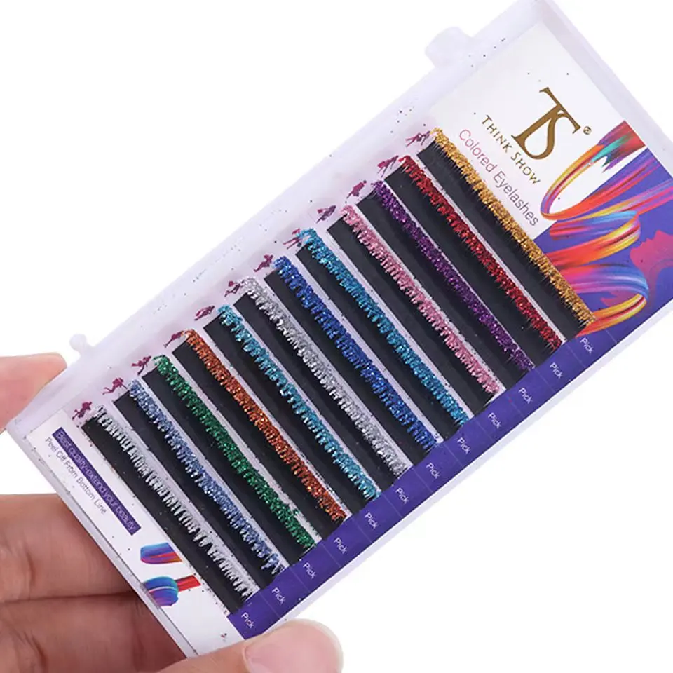 THINKSHOW Mix Glitter Colors Individual Eyelash Extension 0.10mm All Size Shiny Beauty Color Eyelashes for Party Makeup Tool