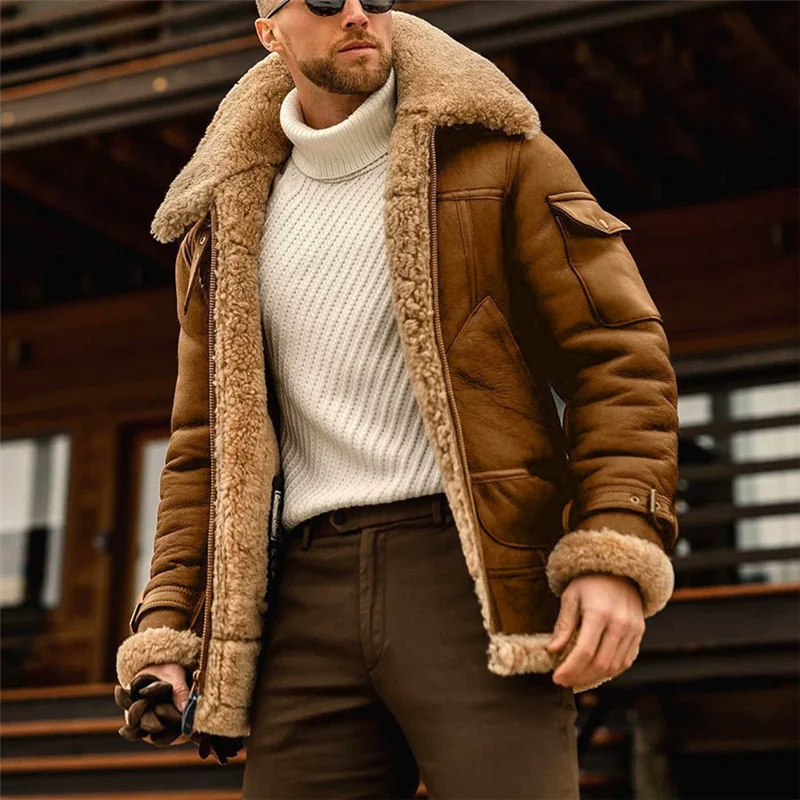 الشتاء فو سترات من الجلد الرجال الصوف رفض طوق دراجة نارية معطف الصلبة الذكور الدافئة سميكة يندبروف سستة أبلى غير رسمية #2