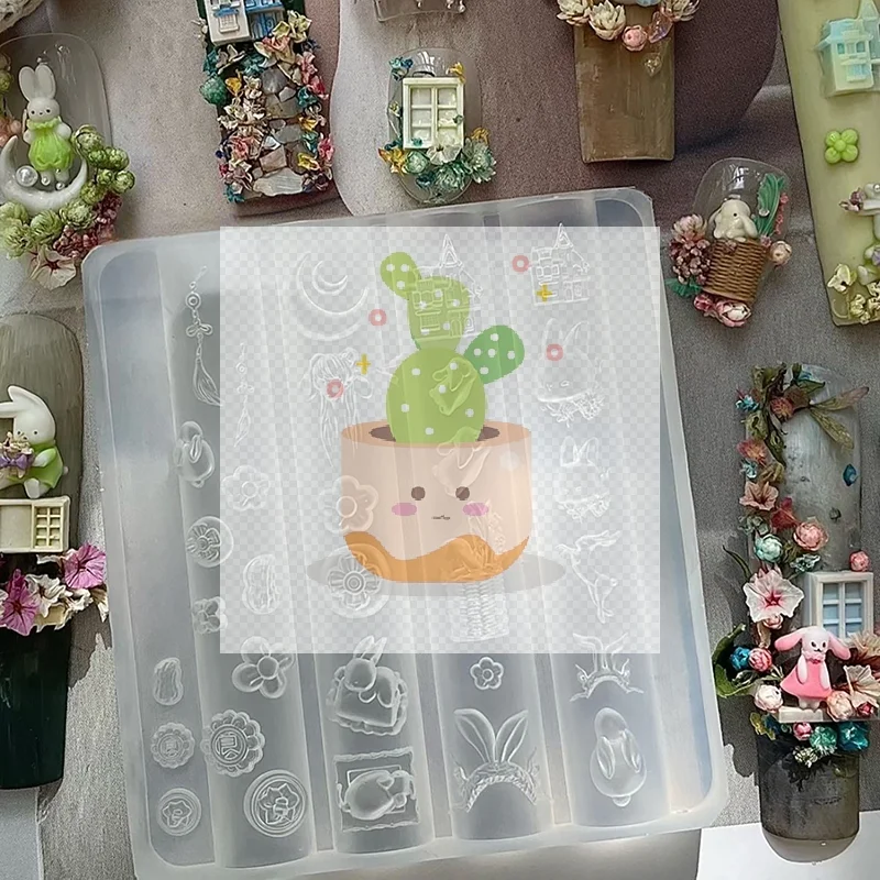 Cute Nail Mold Silicone Rabbit Paradise Moon Castle Art Elegant Oil Painting Style Nail Stereoscopic Template Mold