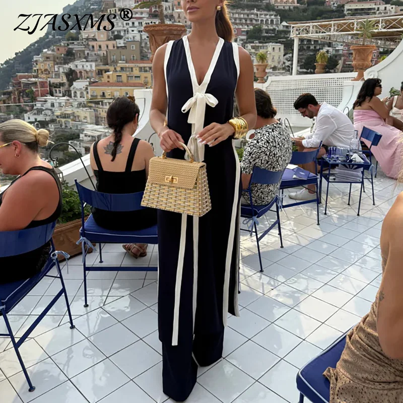 

Элегантный женский комплект из двух предметов в стиле колор-блок: весенний топ с бантом и брюки с высокой талией, летний пляжный костюм без рукавов для отпуска