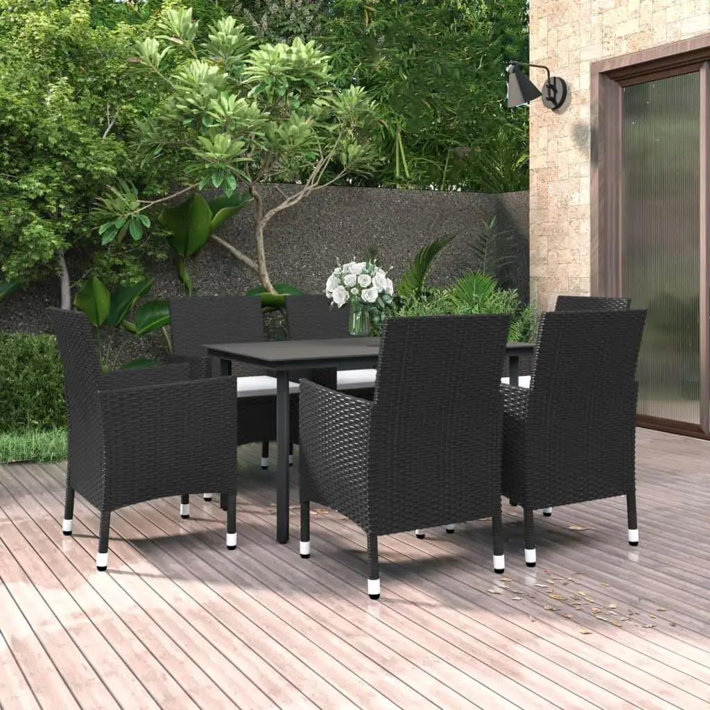 

Garden Dining Set Black PE Rattan Steel Glass Large