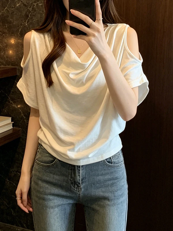 

Loose Summer Short Sleeve Women's T-shirt US Style Shoulder Baring Batwing Top plus Size Body Concealing Casual Breathable