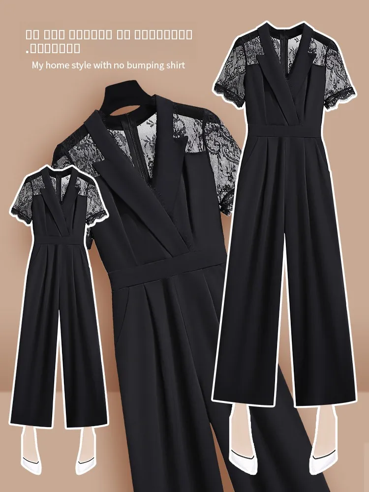 

Faionable High-Waist Wide-Leg One-Piece Suit for Women Summer New Arrival Unique Beautiful Commute Lace Splice Zipper