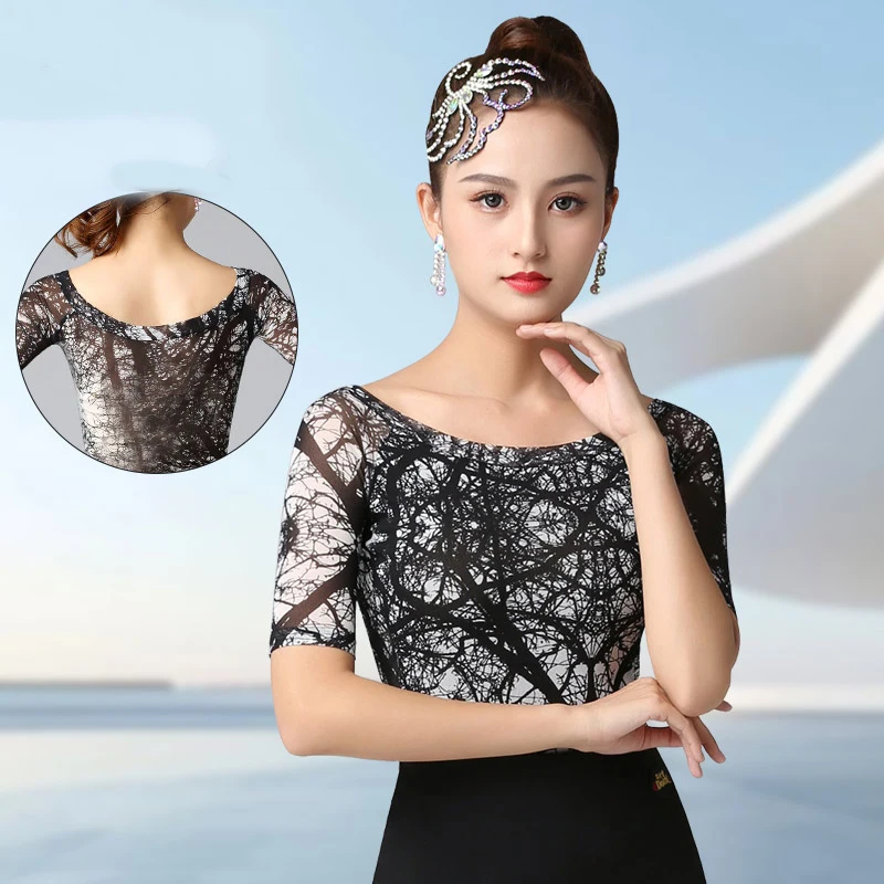 

Топ для современного танца 2025, женский сексуальный сетчатый топ с короткими рукавами и принтом, чача, румба, танго, танцевальное платье, костюмы для латинских танцев, DN21177