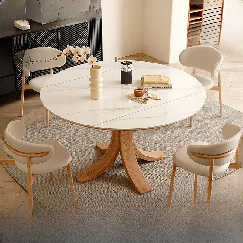 Small unit all solid wood expandable rock board round dining table, cream style new French high-end home dining table