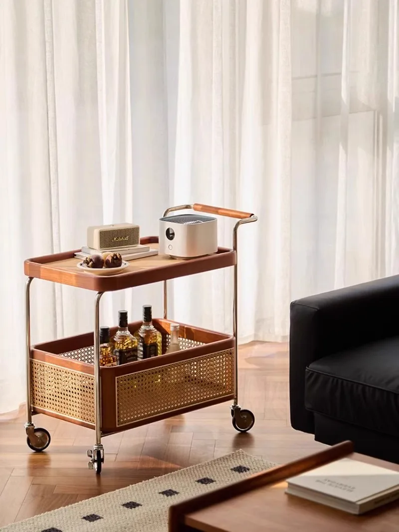 Retro Storage Trolley Nordic Solid Wood Edge Several Living Room Sofa Rattan Storage Cabinets Moving Side Cabinets