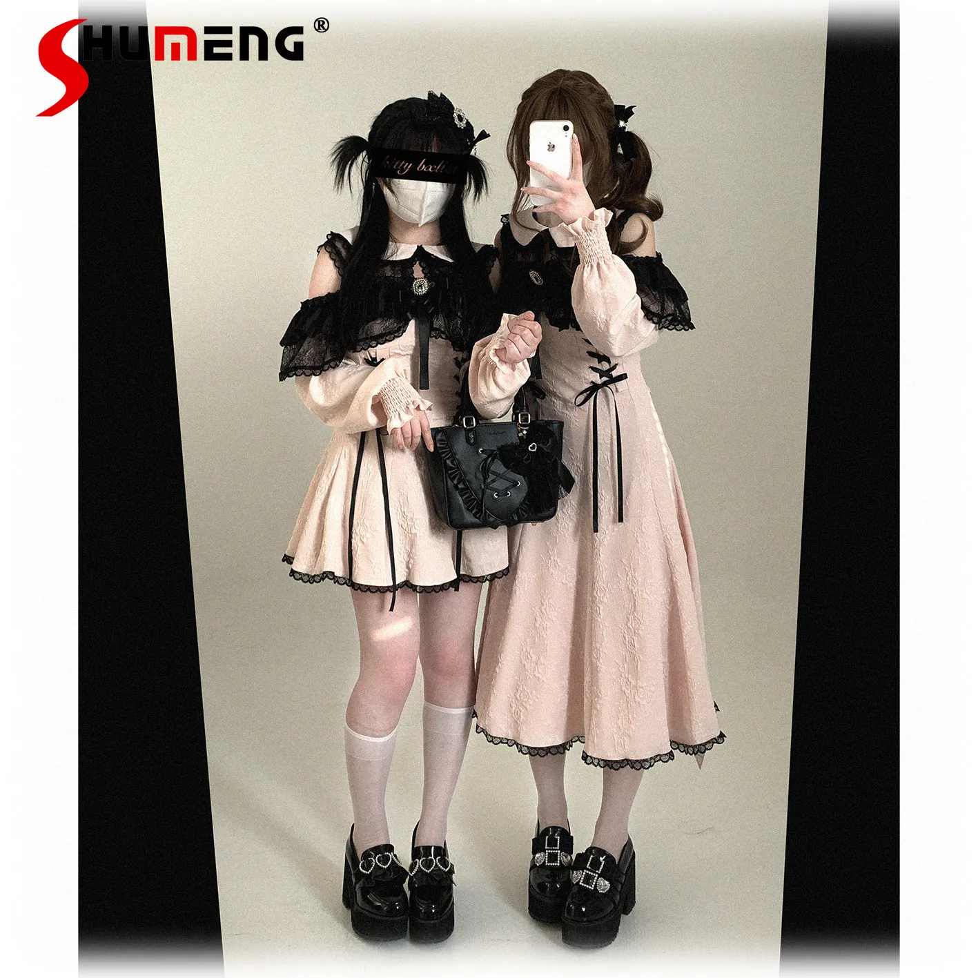 

Original Japanese Style Sweet Princess Lace Off-Shoulder Long Sleeve Dress Doll Collar Lace-up Slim Lolita Long Dress for Women