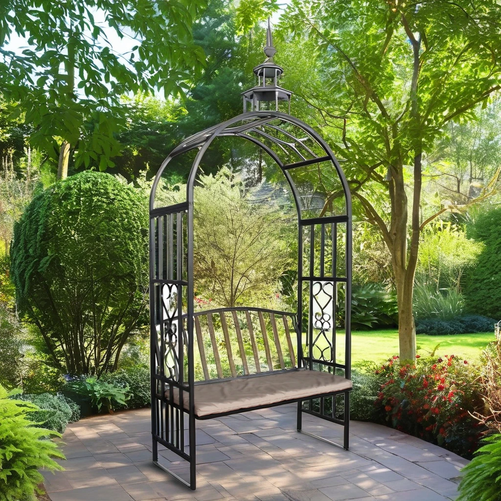 

Garden Metal Outdoor Wrought Iron Arch with Seat PVC-Coated Steel Frame Rot-Proof Wedding Flower Arch Pergola Arbour
