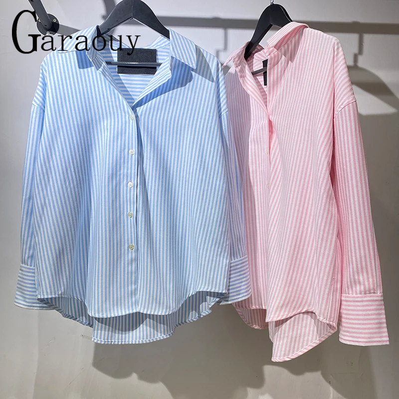 Garaouy 2023 Summer Women Chic Pink Striped V-neck Single Breasted Shirt Basic Casual Versatile Loose Blouse Female Blusas Tops