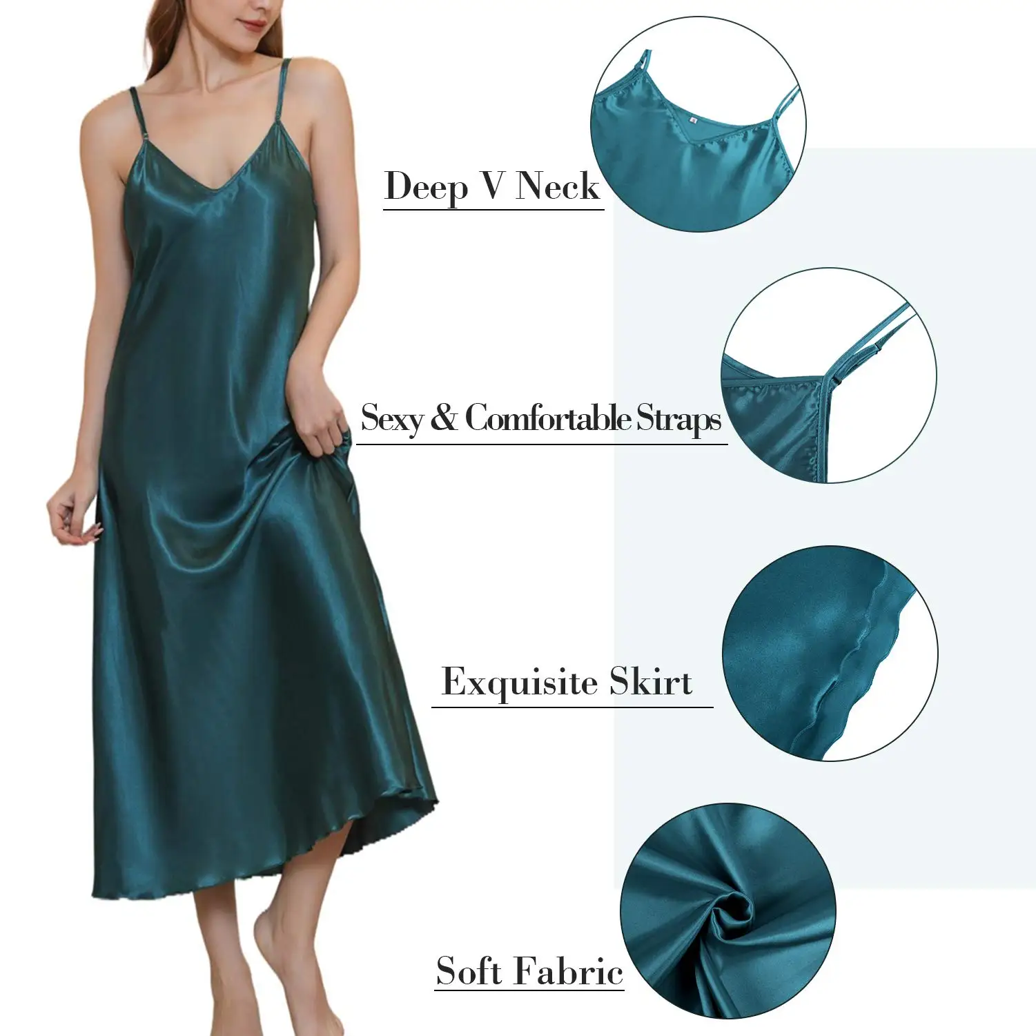 Women\'s Satin Nightgown Long Slip Sleep Dress Silk V Neck Sleepwear Solid Color Nightwear