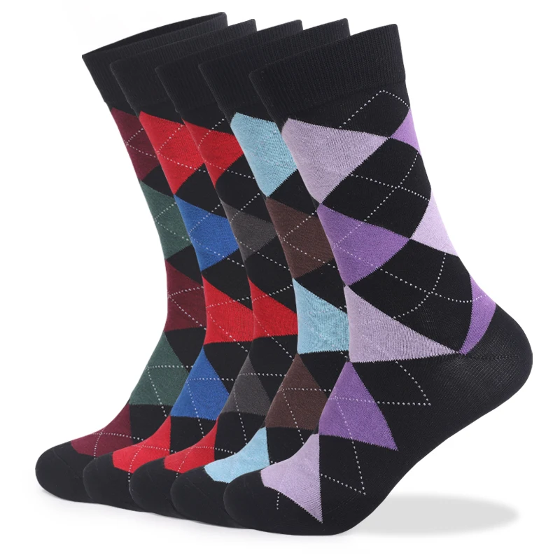 5 Pairs Large Size EU41-48 High Quality Fashion Colorful Casual Combed Cotton Men Socks Stripe Grid Business Men's Dress Socks