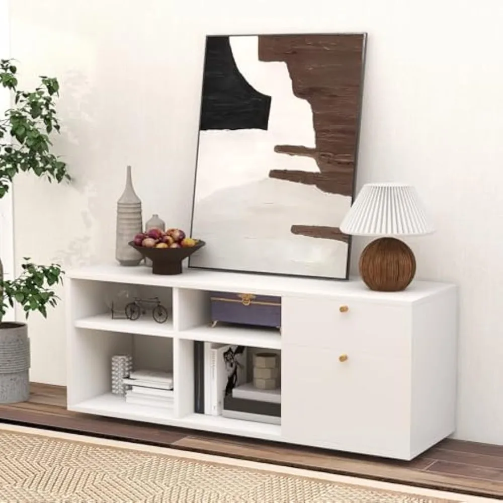 

TV-Stand for Bedroom Entertainment Center - Modern TV Console Cabinet with 2 Drawers, 4 Compartments, Adjustable Feet, M