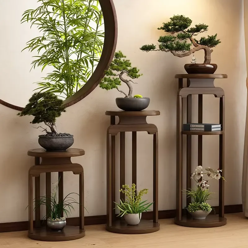Natural Bamboo Round Flower Stand Floor Plant Holder Antique Style Display Rack for Living Room Balcony Dining Room Decor