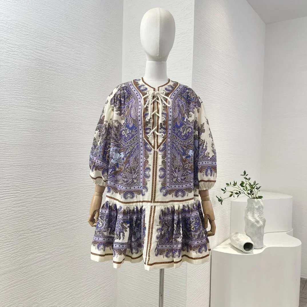 Re-tro Lila Paisley 2024, neues, hochwertiges Leinen, hohle Ösen, Puffärmel, Sommer-Minikleid