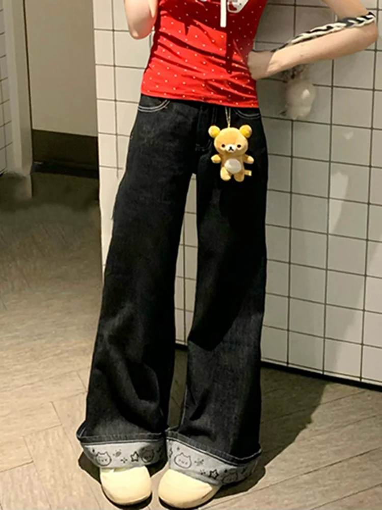 Women Y2K Cute Jeans Cat Print Loose Straight Leg Tube Pants Dark Look Skinny Daily Female Trousers
