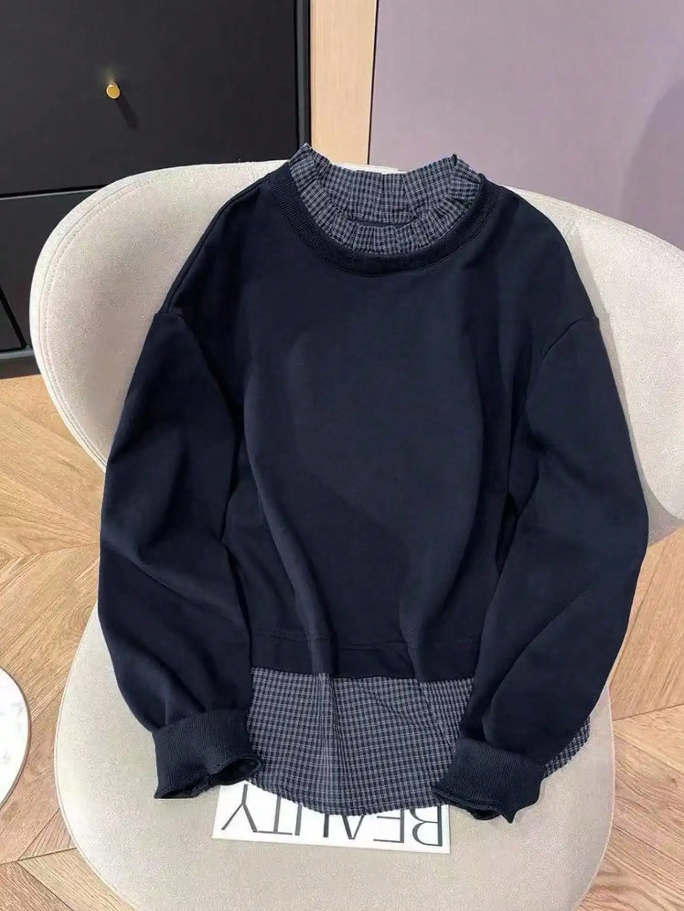 

Темно-синий свитшот в клетку с рукавами-фонариками для женщин, повседневный свободный топ с круглым вырезом