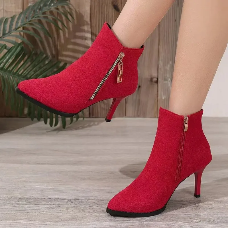 Nubuck Side Zipper High-heeled Short Boots for Women, 2026 New Autumn Pointed Toe Thin Heel Nude Boots