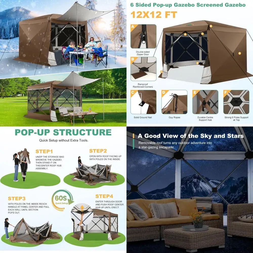 

12x12 Pop up Gazebo Screen House Tent for Camping, Outdoor Canopy Tent with Removable Roof&Sidewalls, Portable Hub Tent with Ca