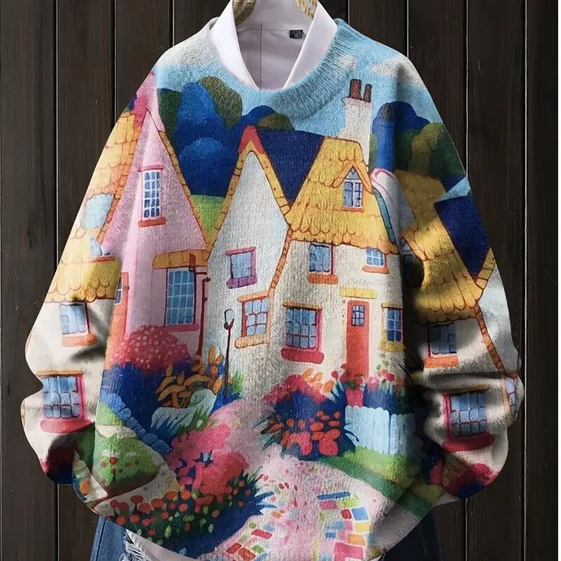

Girl Knit Sweater Autumn and Winter Rainbow Rev The Engine Loose Oil Painting Fairy Tale House Printing Sweater Dopamine Hot New