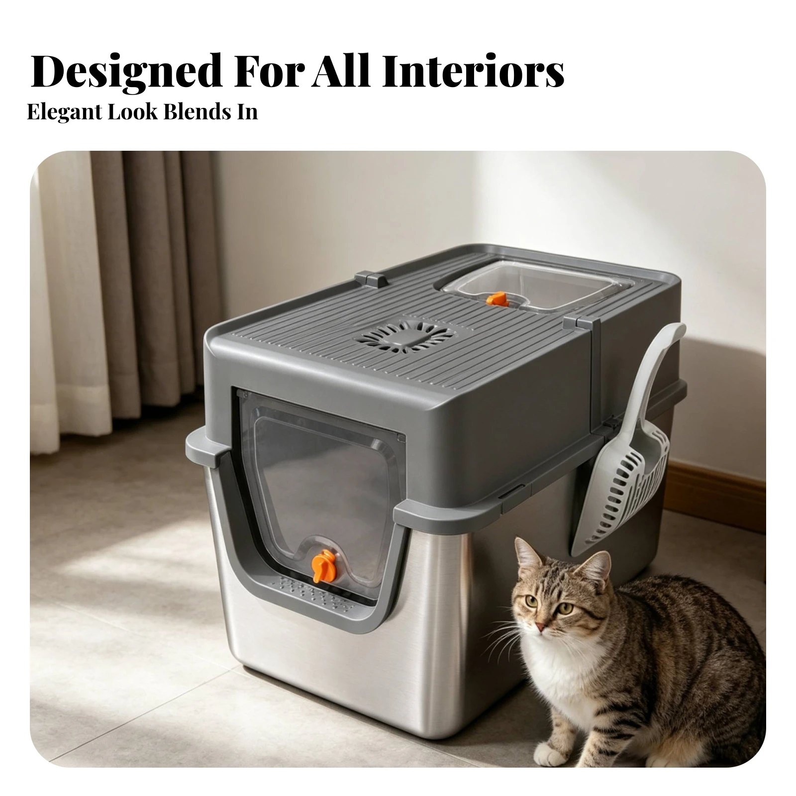 Enclosed Cat Litter Box Transparent Door Stainless Steel Litter Box